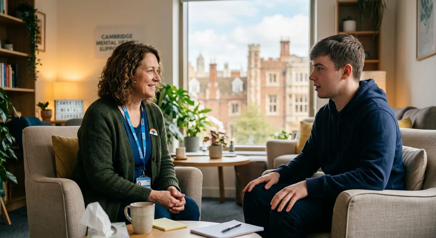 A professional, warm, and empathetic photo of a Mental Health Support Worker in a modern healthcare or community setting in Cambridge, speaking respectfully with a client. The style should be authentic, high-quality, and convey trust and compassion.