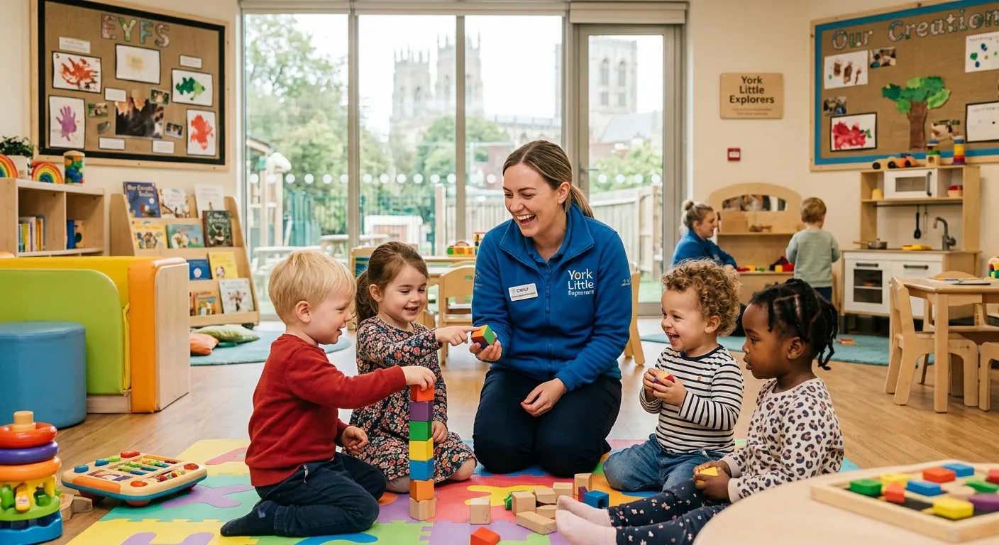 A warm, professional photo of a smiling Nursery Worker in a bright, modern nursery setting in York, engaging with a small group of toddlers during a play activity. Style: authentic, high-quality, and inviting.