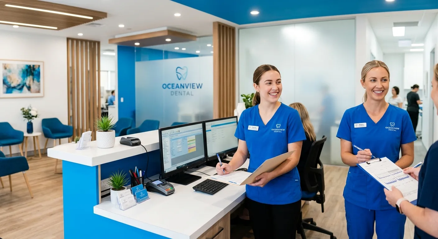 Modern dental practice front desk with confident temporary dental receptionist and clinical staff, bright blue and white tones, professional corporate photography