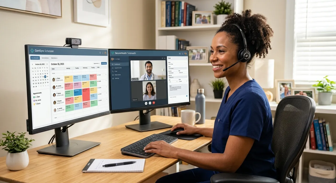 A professional, modern scene showing a friendly, diverse woman working as a remote medical receptionist. She is smiling, wearing a headset, and working from a tidy home office with dual monitors showing a patient scheduling dashboard and a telehealth interface. The mood is efficient, trustworthy, and technologically advanced.