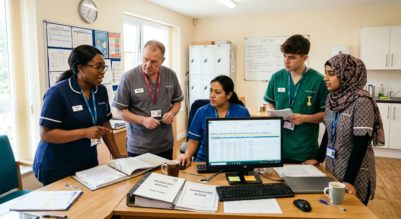 A diverse team of care home staff in uniform, gathered around a desk in a bright staff room for a mo... A diverse team of care home staff in uniform, gathered around a desk in a bright staff room for a morning handover, looking at care plans and a computer screen