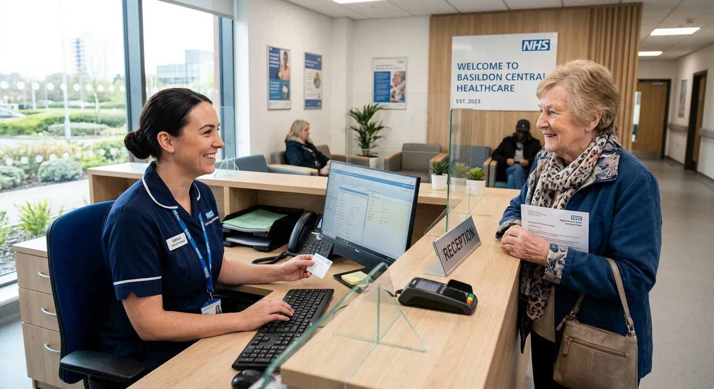 A professional, friendly medical receptionist smiling while assisting a patient at a modern healthca... A professional, friendly medical receptionist smiling while assisting a patient at a modern healthcare clinic reception desk in Basildon, conveying a welcoming and efficient atmosphere.