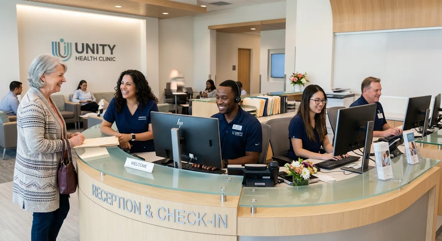 A sharp, professional photo of a diverse team of friendly medical receptionists at a modern healthcare clinic front desk. They are smiling, working on computers, and assisting a patient. The mood is efficient, welcoming, and trustworthy.
