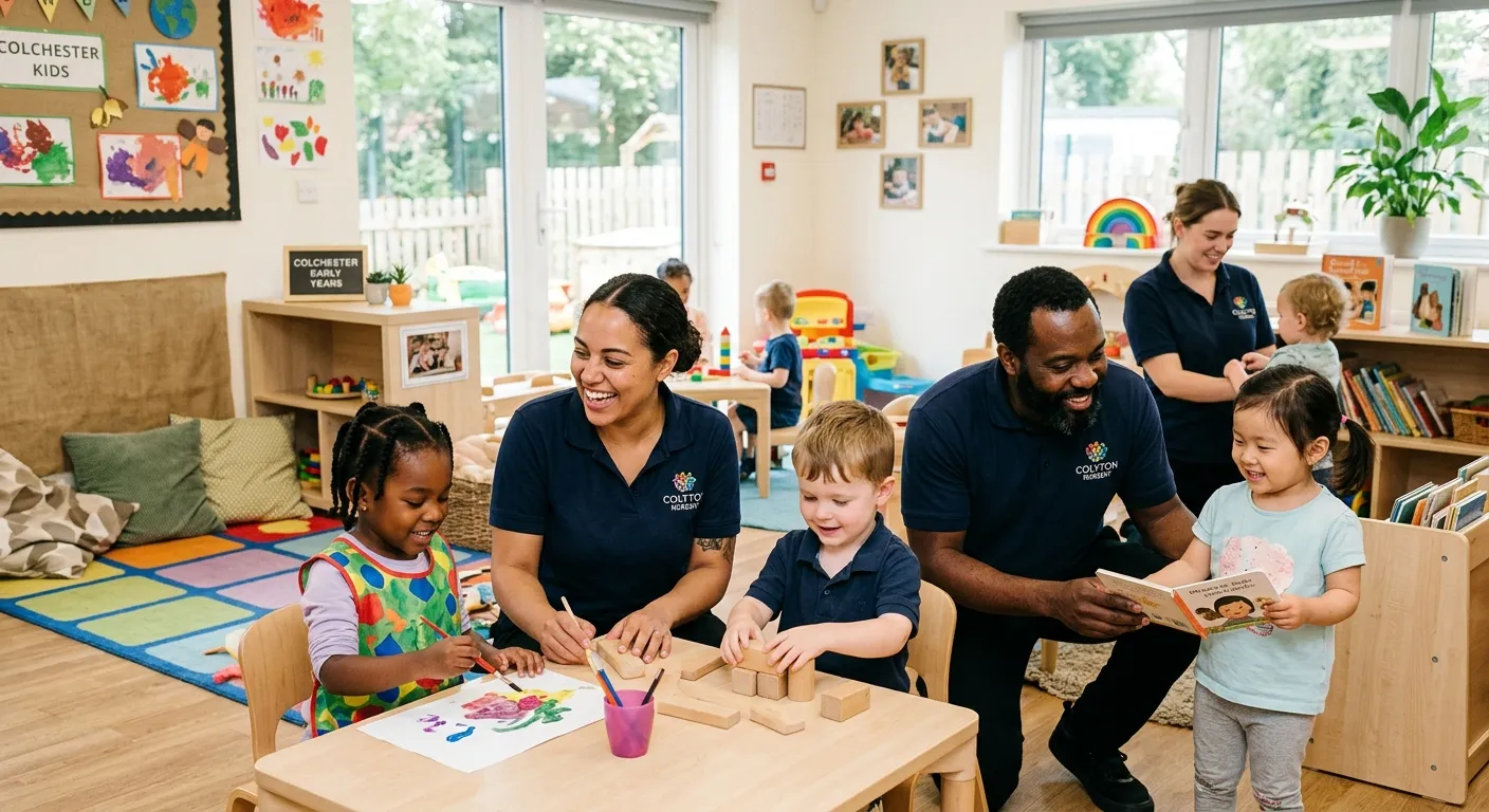 A professional, warm, and engaging photo of a diverse team of nursery practitioners smiling and engaging with young children in a bright, modern nursery setting in Colchester. Style: Authentic and professional, conveying trust and care. Mood: Joyful, nurturing, and professional.