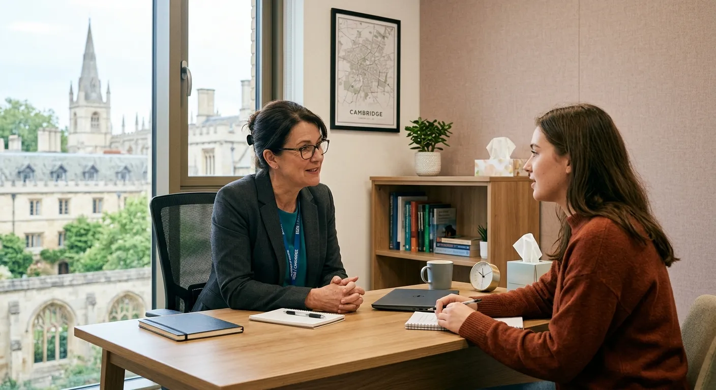 A professional and compassionate Social Worker in a modern office setting in Cambridge, speaking with a client in a respectful, supportive manner. The atmosphere is warm, professional, and focused on care. Style: Realistic, high-quality photo with natural lighting.