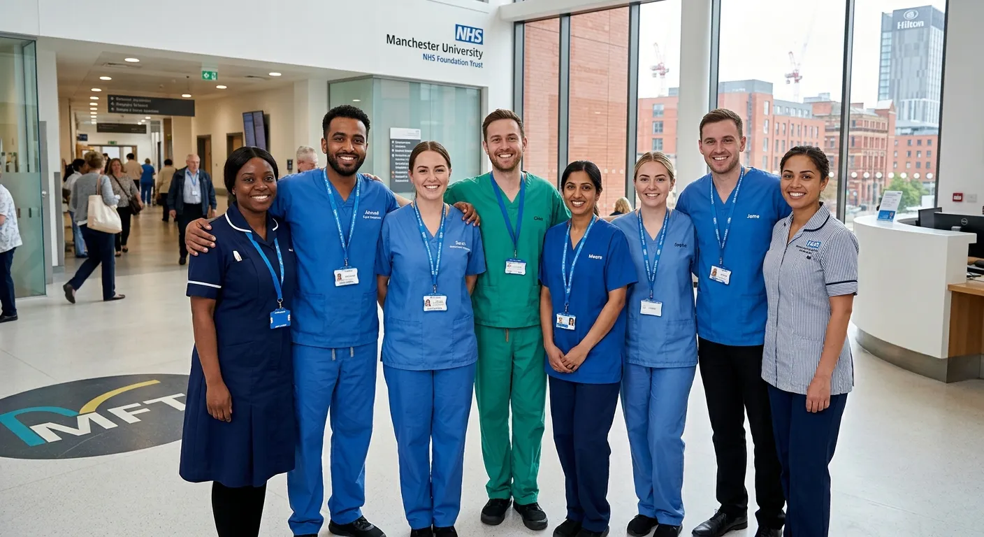 A diverse, professional group of Care Assistants and Healthcare Assistants smiling confidently, dressed in scrubs or smart casual attire, in a bright, modern healthcare setting in Manchester. The image should convey compassion, professionalism, and teamwork.