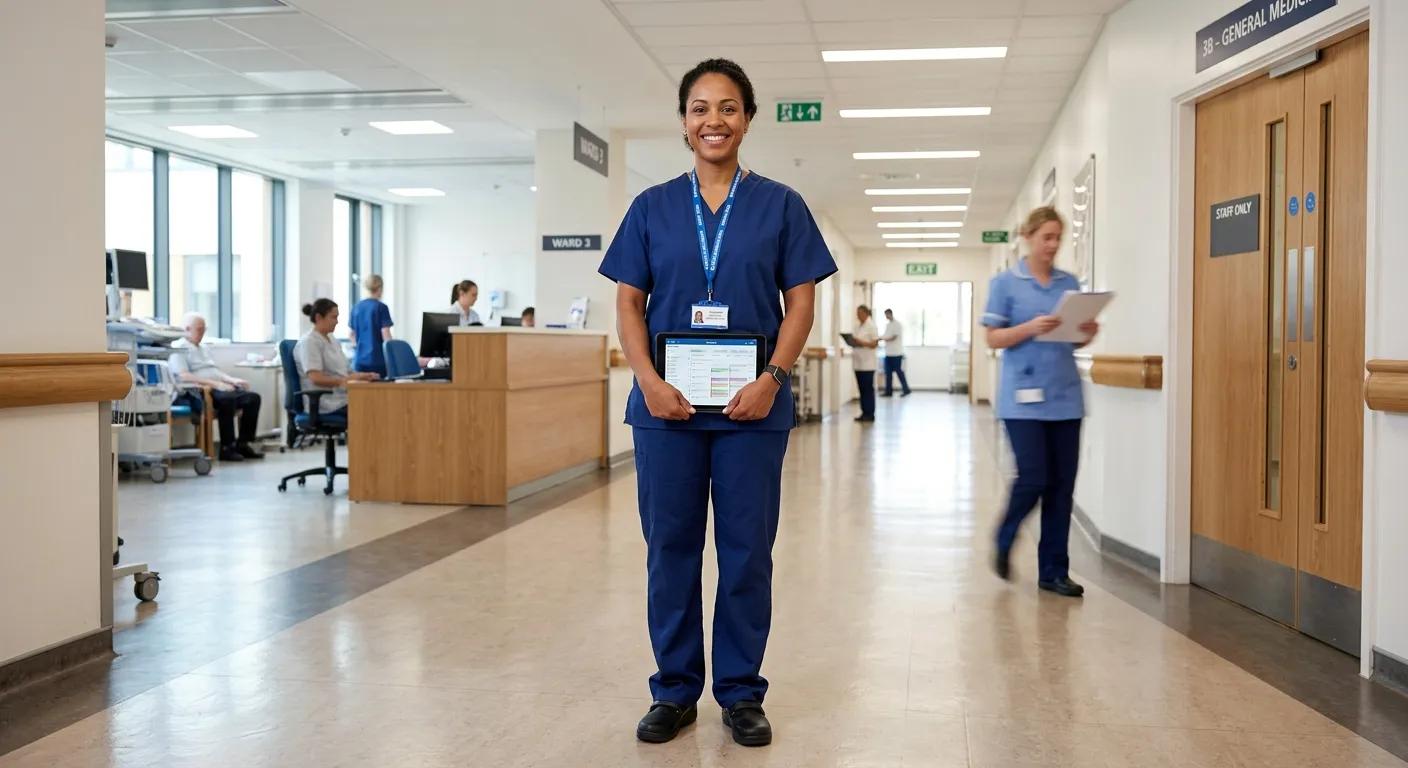 A smiling, professional healthcare assistant in blue scrubs, holding a tablet, standing in a bright hospital corridor. She looks confident and approachable.