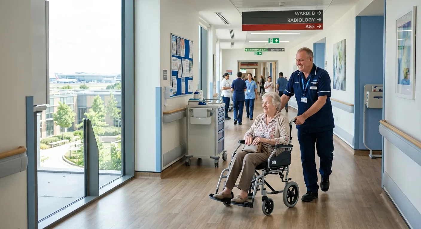 A bright, welcoming hospital corridor in a local Heathrow TW6 healthcare facility, showing a professional Hospital Porter wearing a clean uniform and comfortable shoes, calmly assisting a patient in a wheelchair, with clear signage, modern equipment, natural daylight, and a dependable, service-focused mood. Photorealistic, professional recruitment style, high-resolution, UK healthcare setting.