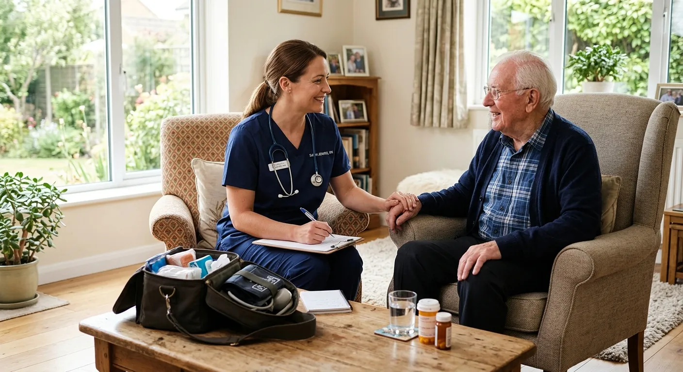 A friendly, professional Registered Nurse in uniform, speaking with an elderly patient in a sunlit living room during a home visit, medical bag on the table.