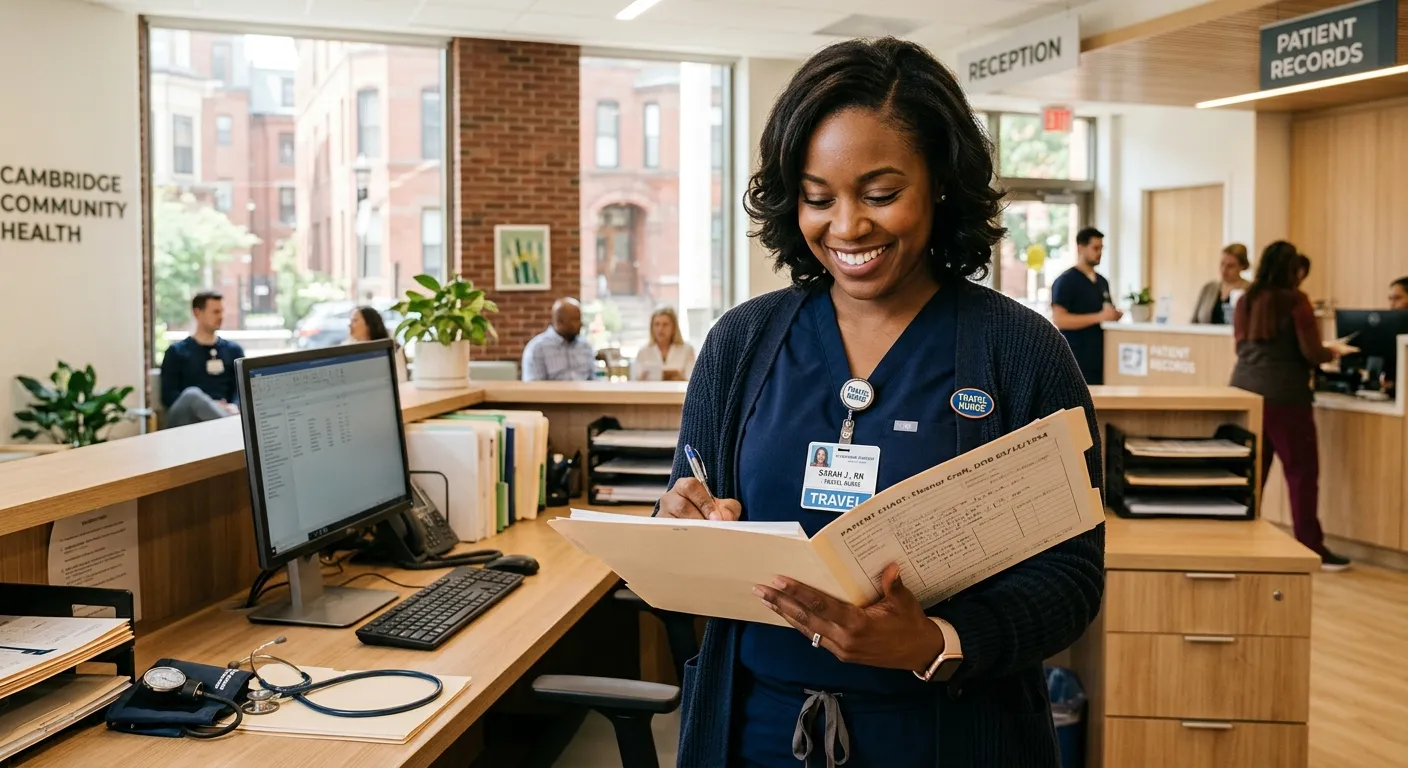 A professional, confident Travel Nurse smiling while reviewing a patient chart in a modern, well-lit... A professional, confident Travel Nurse smiling while reviewing a patient chart in a modern, well-lit Cambridge clinic. Style: Warm, authentic, and professional. Mood: Trustworthy and capable.