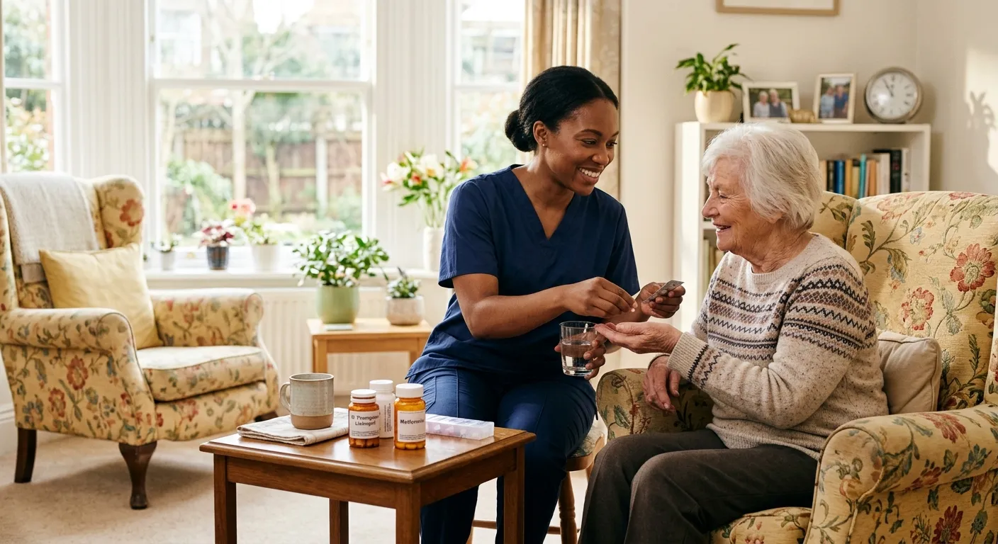 A compassionate, professional caregiver assisting an elderly client in a bright, clean home setting. The caregiver is smiling and helping with medication. Style: Warm, authentic, professional photography. Mood: Trustworthy, caring, and reliable.