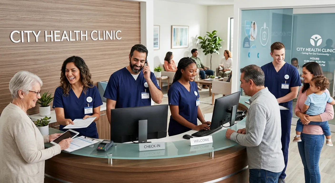 A professional, diverse team of friendly medical receptionists in a modern clinic setting, smiling and assisting patients at the front desk, representing efficient and welcoming temporary staff.