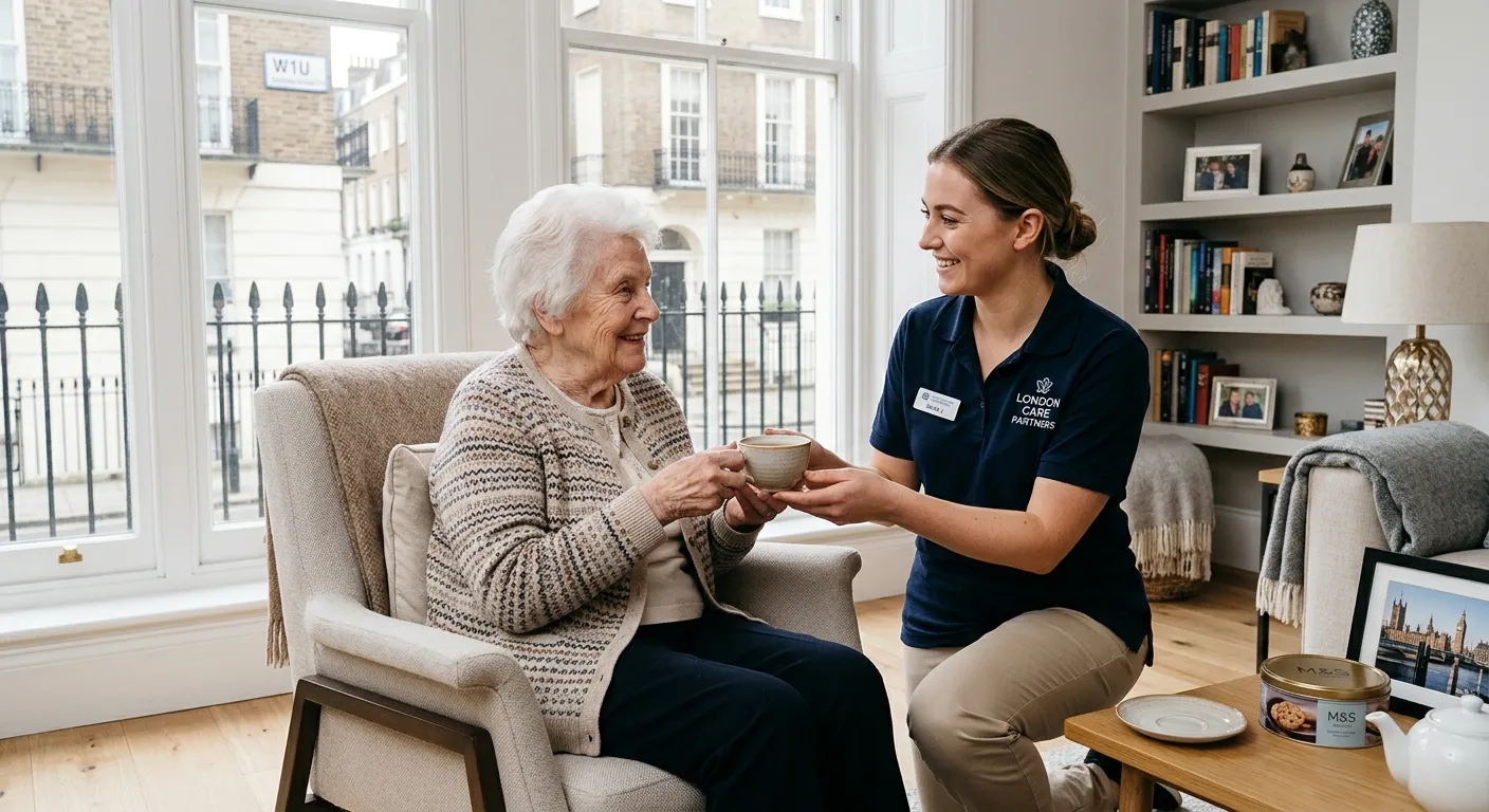 A compassionate, professional Care Worker in a crisp uniform, gently assisting an elderly client with a cup of tea in a bright, modern living room in a London W1 postcode area. Warm, natural lighting, focus on the human connection and professional setting.